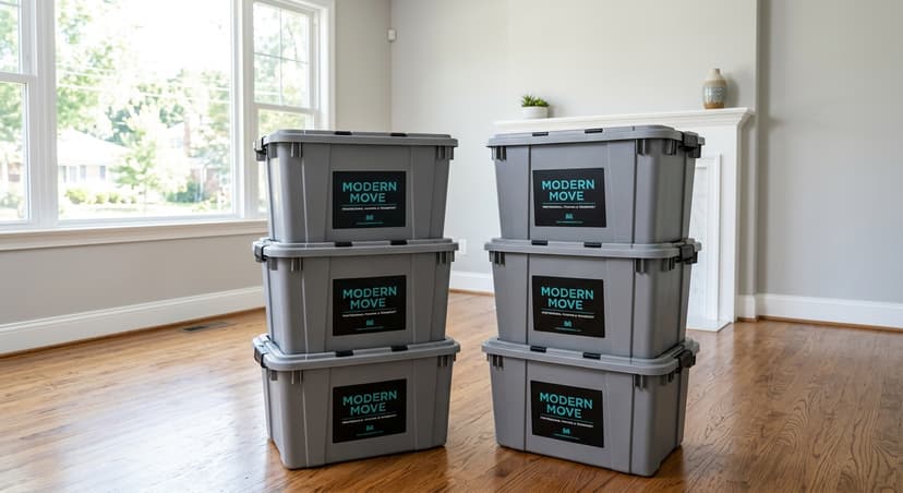Stacks of empty gray plastic moving totes in a living room ready for pickup