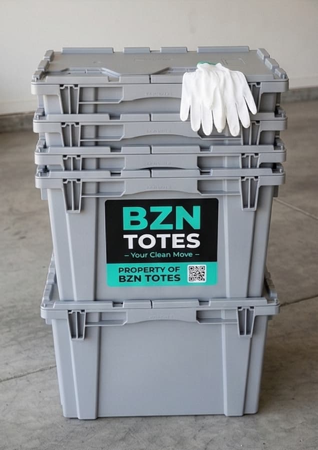 Stack of clean gray plastic BZN Totes moving boxes in a garage